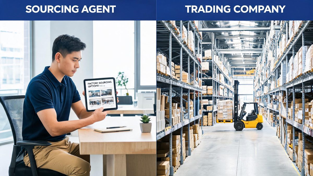 China sourcing scene related to Agent Vs Trading Company: a professional photo showing real products, people and logistics relevant to this sourcing topic, no text overlay