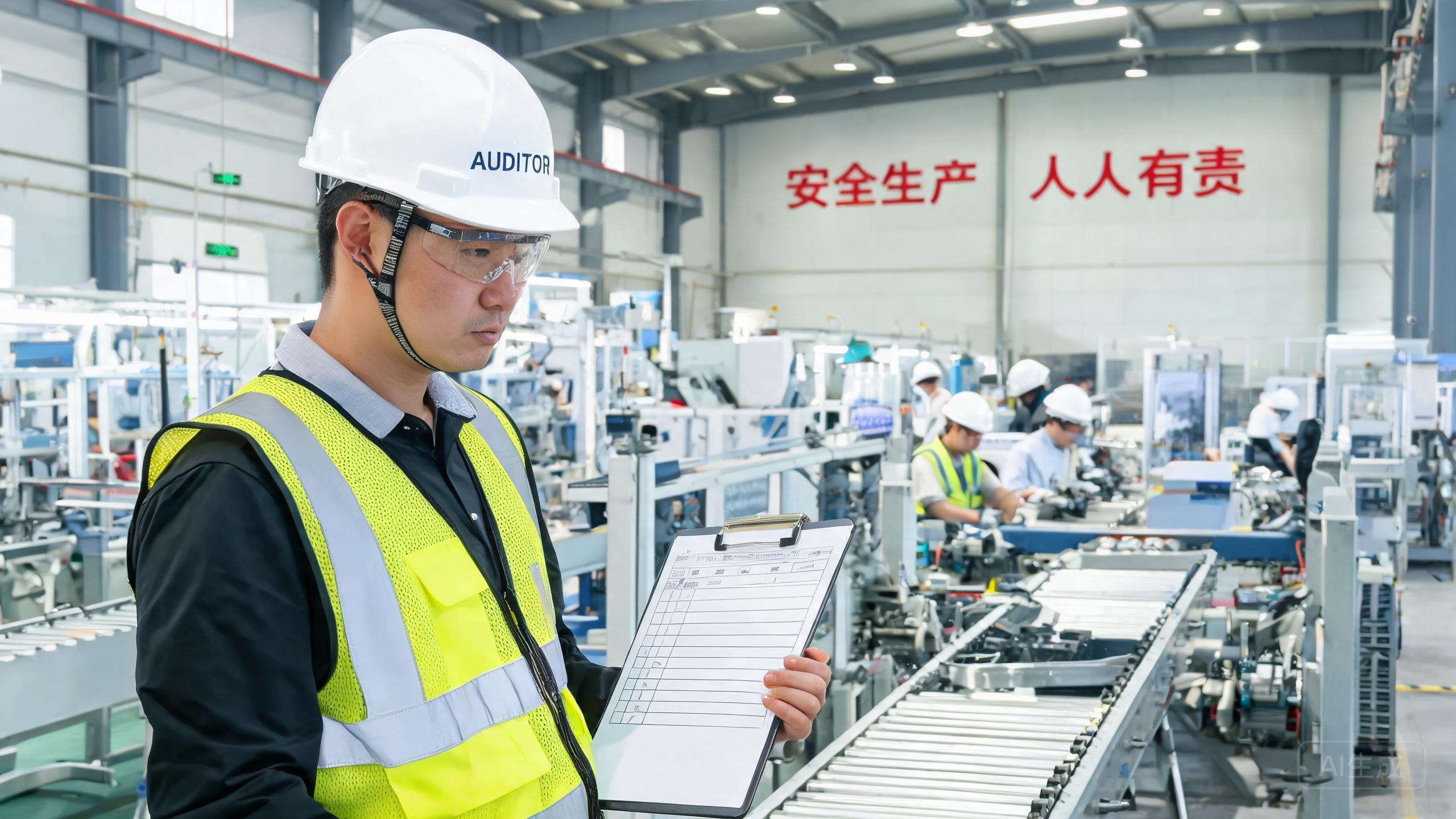 China factory auditor evaluating a production line using a 10-dimensional supplier scorecard checklist.