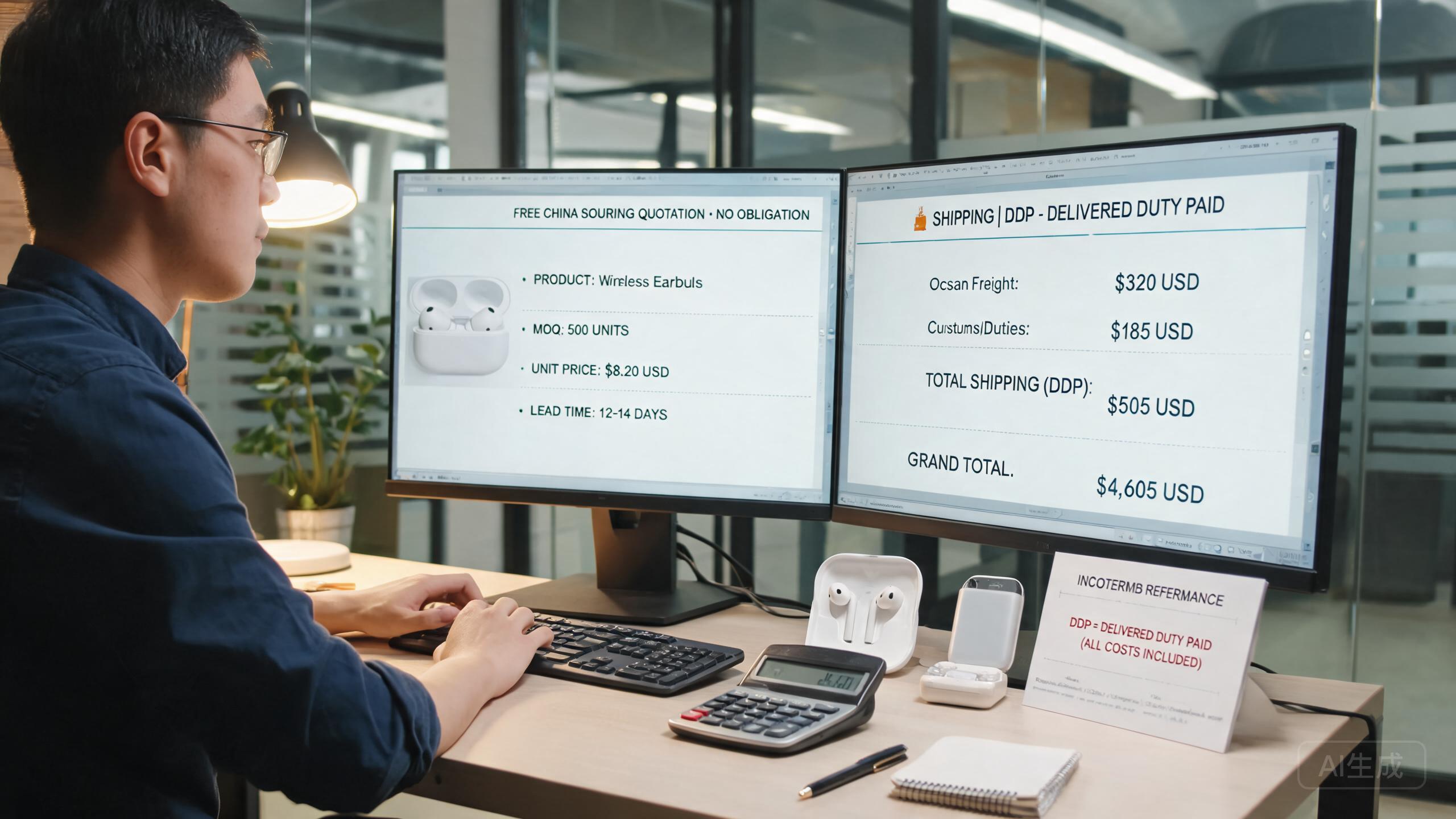 Sourcing specialist preparing a detailed price quotation document with product photos, MOQ, lead time, and shipping cost breakdown on dual monitors in a modern office